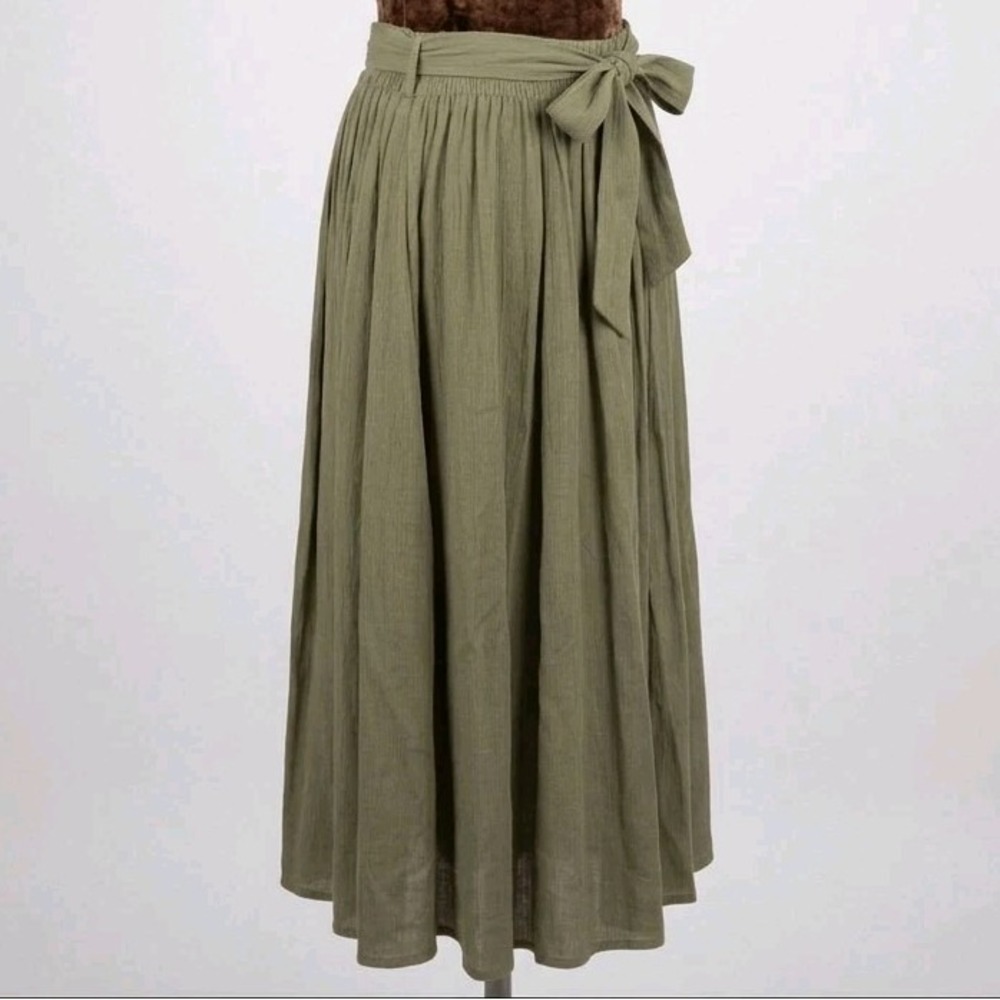 Venezia Boho Skirt Size 14/16 Olive Green Belted 90s Vintage Midi Elastic Waist